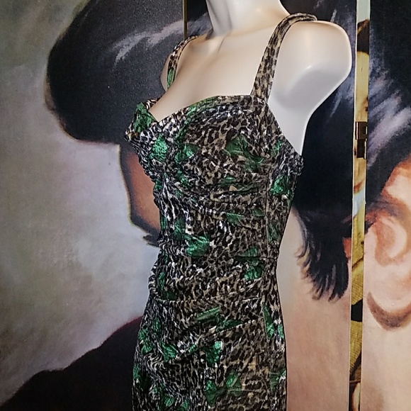 Tatyana Leopard Glam 1950's Pinup Velvet Pencil Halter Dress w Green Bow - Picture 5 of 8